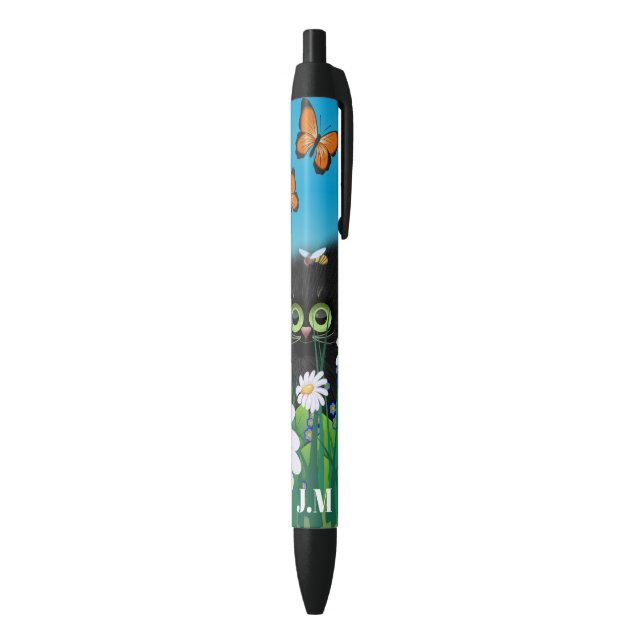 Stylo Noir Cute chaton noir avec marguerites Monogramme (Bas (Vertical))