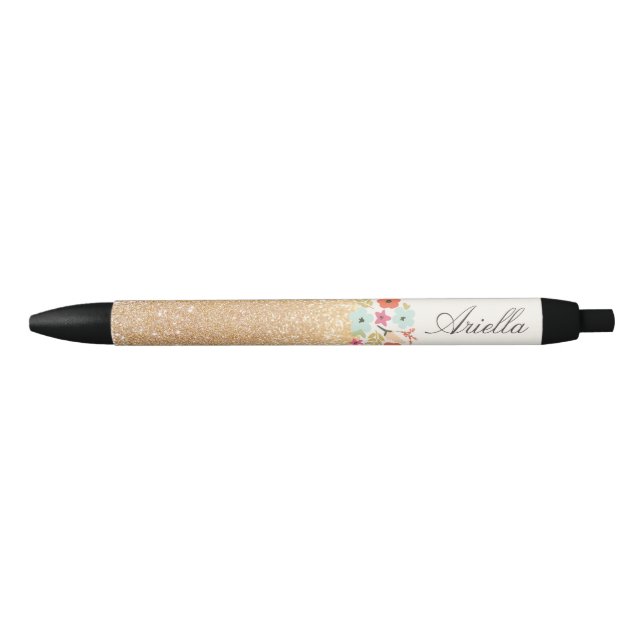 Stylo Noir Cute Girly Gold Parties scintillant Floral Nom per (Devant)