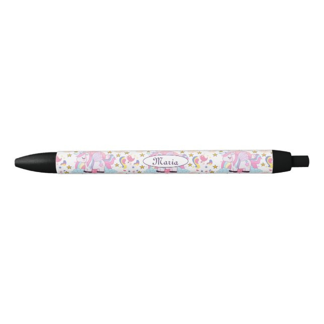 Stylo Noir Cute Girly Unicorn Rainbow Stars Nom personnalisé (Devant)