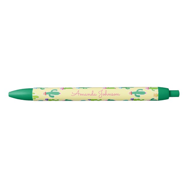 Stylo Noir Cute Pastel Cactus Monogram Nom du script (Devant)