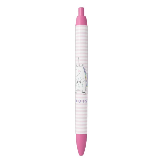 Stylo Noir Cute Unicorn - Personnalisé Rose Striped Kids (devant Vertical)