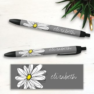 Stylo Noir Daisy floral tendance avec nom personnalisé gris j