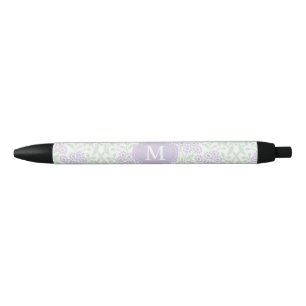 Stylo Noir Damassé florale décorée d'un monogramme de vert et