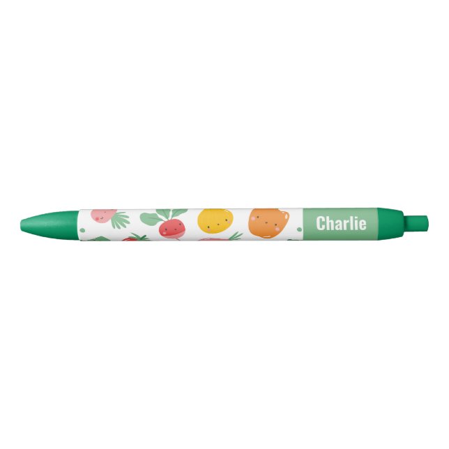 Stylo Noir De mignons légumes heureux avec nom (Devant)