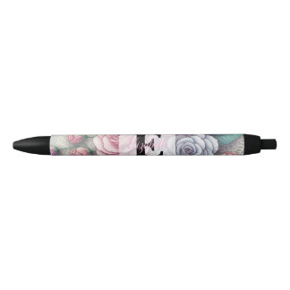 Stylo Noir Dentelle monogramme floral rose violet bleu roses