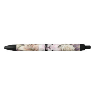 Stylo Noir Dentelle monogramme floral roses violettes lis lav