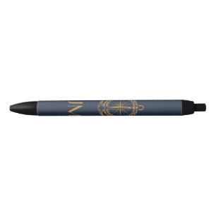 Stylo Noir Design nautique avec boussole et ancre en or