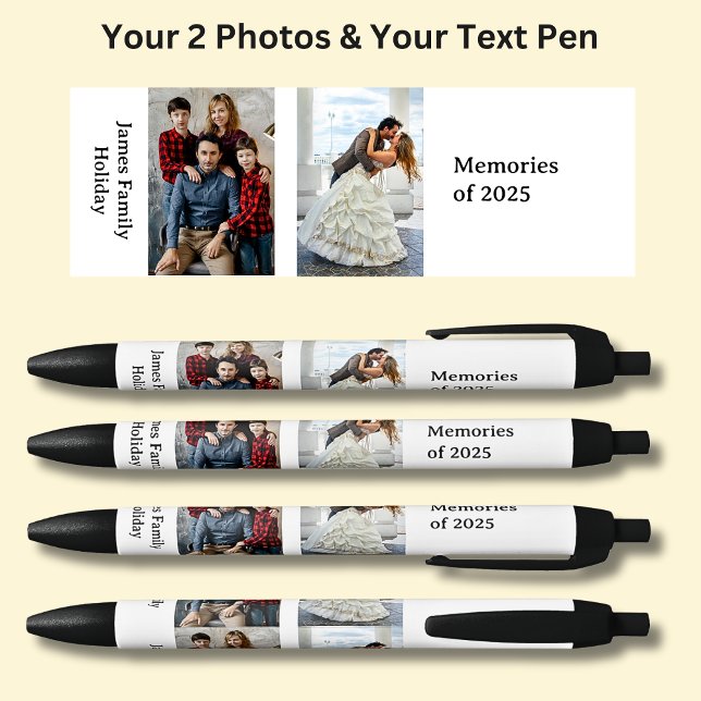 Stylo Noir DEUX Photos, Nom Date, votre Texte sur Blanc, Noir (Créateur téléchargé)