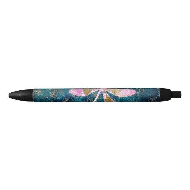 Stylo Noir Dragonfly rose Gold sur Turquoise Floral Arrière - (Devant)