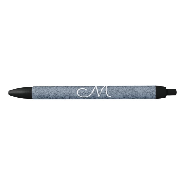 Stylo Noir Dusty Bleu Blanc Élégant Monogramme de mariage (Devant)