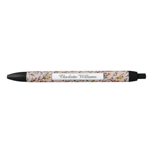 Stylo Noir Dusty Rose Boho Floral Aquarelle Basic Custom (Devant)