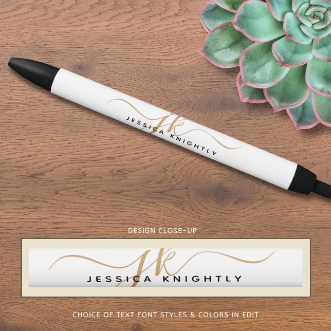 Stylo Noir Élégant blanc Script Monogramme Initiales Nom (Créateur téléchargé)