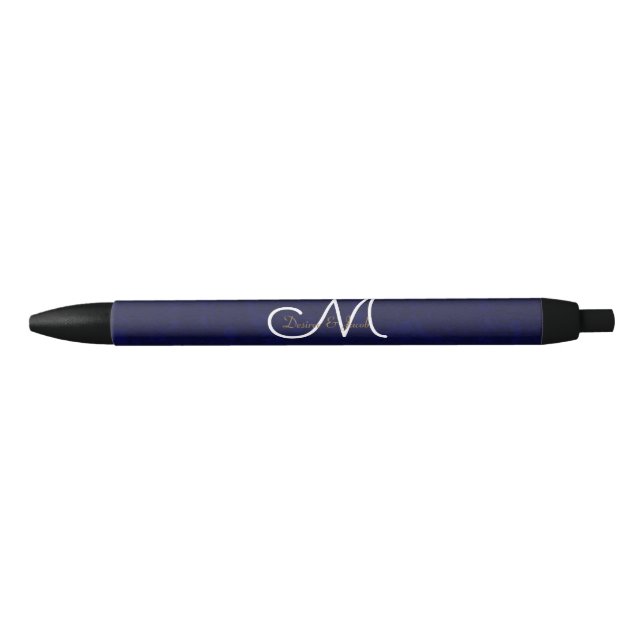 Stylo Noir Elégant bleu marine or blanc Monogramme floral (Devant)