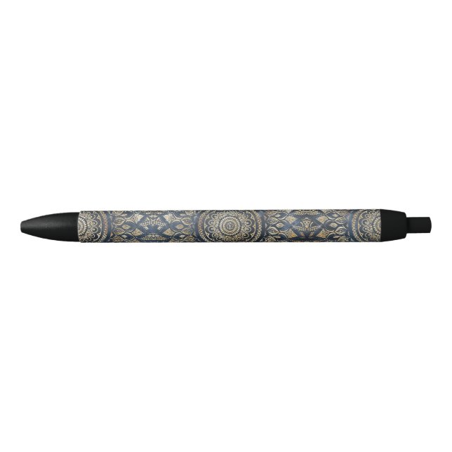 Stylo Noir Elégant bleu or Mandala Floral (Devant)