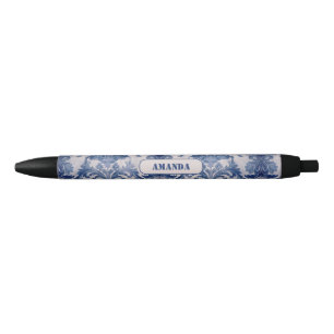 Stylo Noir Élégant damassé Bleu toile de jouy monogramme