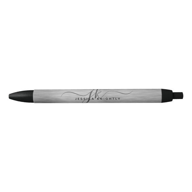 Stylo Noir Élégant Faux Metallic Gris Argent Script Monogramm (Devant)