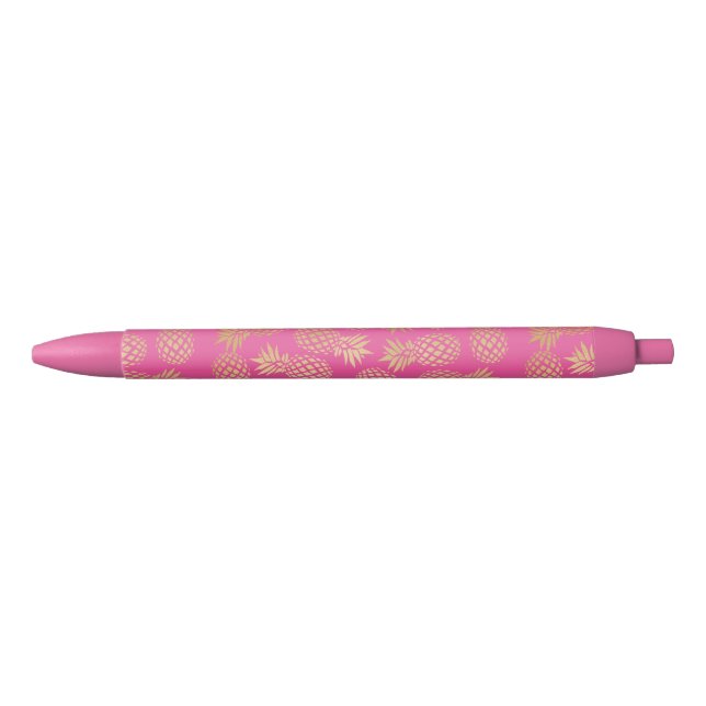 Stylo Noir élégant faux or motif d'ananas tropical (Devant)