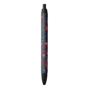 Stylo Noir Élégant joli moderne Art floral rouge et bleu fonc