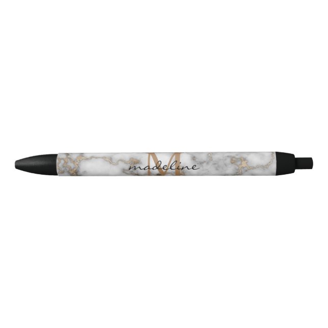Stylo Noir Élégant marbre d'or roux noir gris monogramme (Devant)