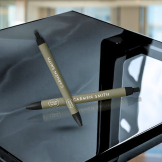 Stylo Noir Élégant minimaliste Monogramme vert olive avec log