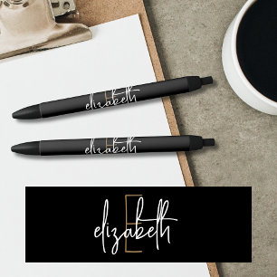 Stylo Noir Élégant Monogram Black Gold Script