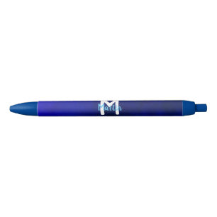 Stylo Noir Élégant Monogramme Minimaliste Blanc Et Bleu