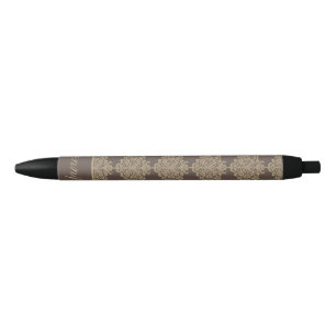 Stylo Noir Elégant motif floral chic or damassé