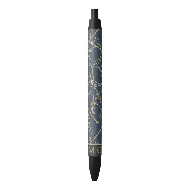 Stylo Noir Elegant Nature Branches Pattern Blue Monogram (devant Vertical)
