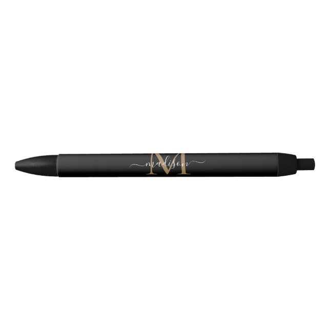 Stylo Noir Élégant Noir Monogramme Or Nom de script élégant (Devant)