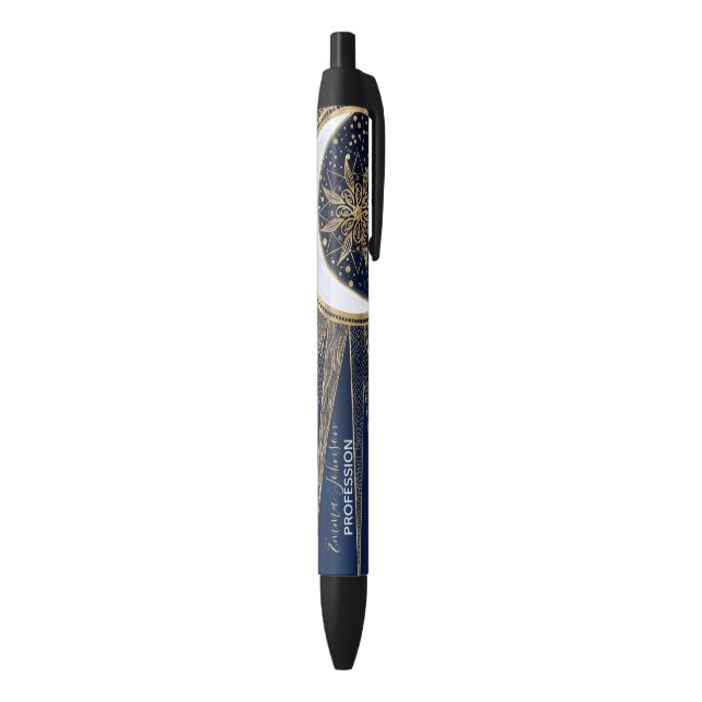Stylo Noir Elégant or & Blue Sun Moon Mandala Doodles Art (Bas (Vertical))