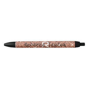 Stylo Noir Élégant Rose Parties scintillant or Monogramme Sty