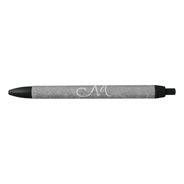 Stylo Noir Élégant Silver Grey Personnalisé Mariage Monogramm (Devant)