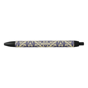 Stylo Noir Elégant vintage damassé marine bleu jaune monogram