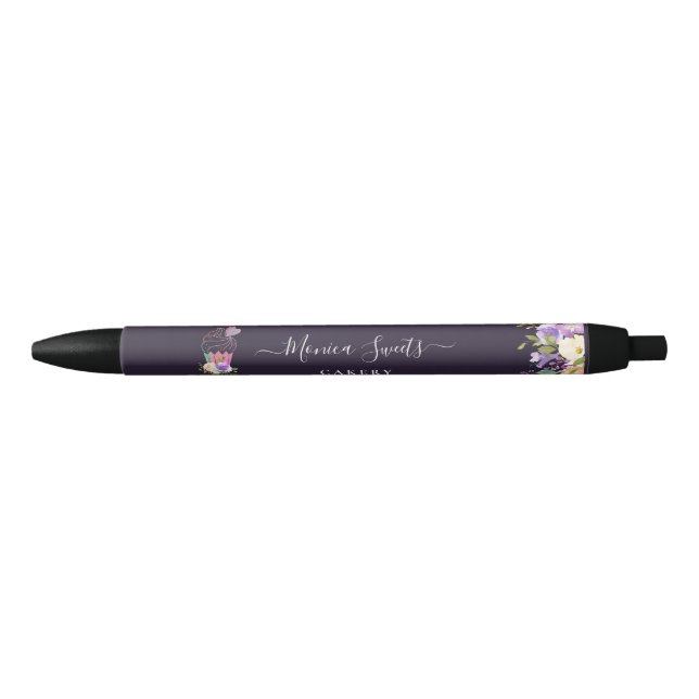 Stylo Noir Élégante floraison violette (Devant)