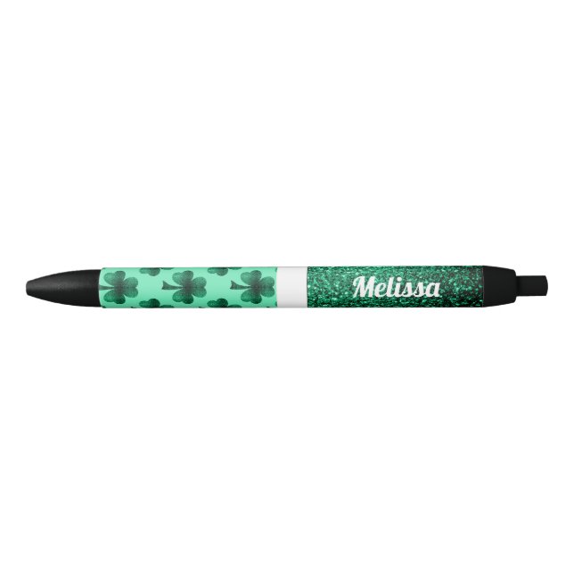 Stylo Noir Emerald Green Sparkles Shamrock Clover Personnalis (Devant)