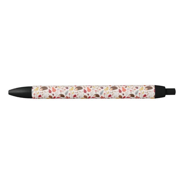Stylo Noir Feuilles floraux d'automne et Motif de hérisson (Devant)