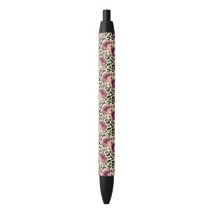 Stylo Noir Fille Empreinte de léopard Floral rose or