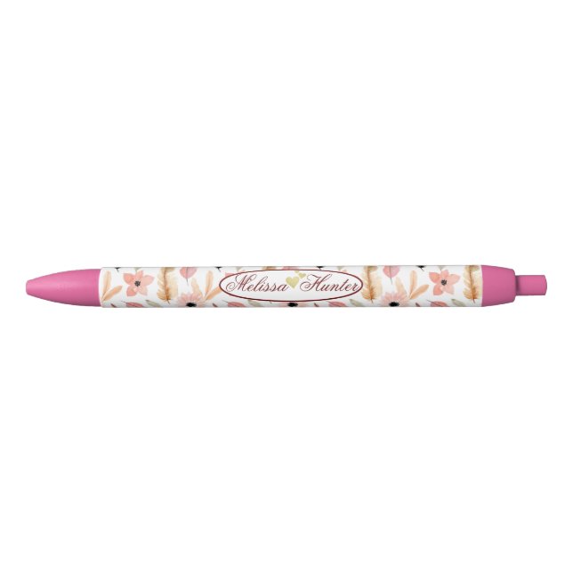Stylo Noir Fille rose florale Aquarelle Motif Nom Script  (Devant)