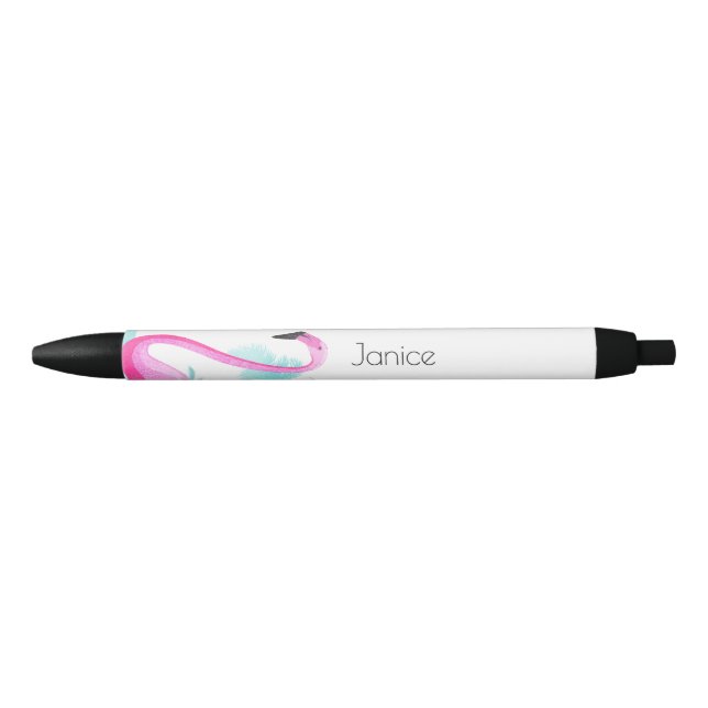 Stylo Noir Flamant rose et palmiers, style de plage (Devant)