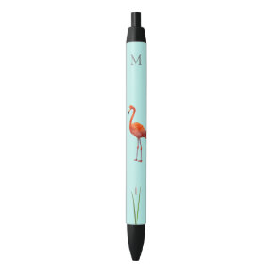 Stylo Noir Flamant rose rose et monogramme sur bleu clair