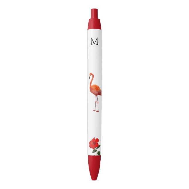 Stylo Noir Flamant rose rose, Fleur d'Hibiscus rouge et monog (devant Vertical)