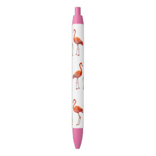 Stylo Noir Flamants roses et plantes de roseaux sur fond blan