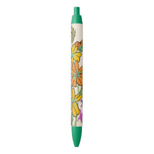 Stylo Noir Fleur Art Déco vibrante magenta et orange