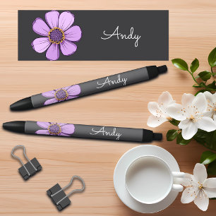 Stylo Noir Fleur de doodle sucrée colorée nom personnalisé