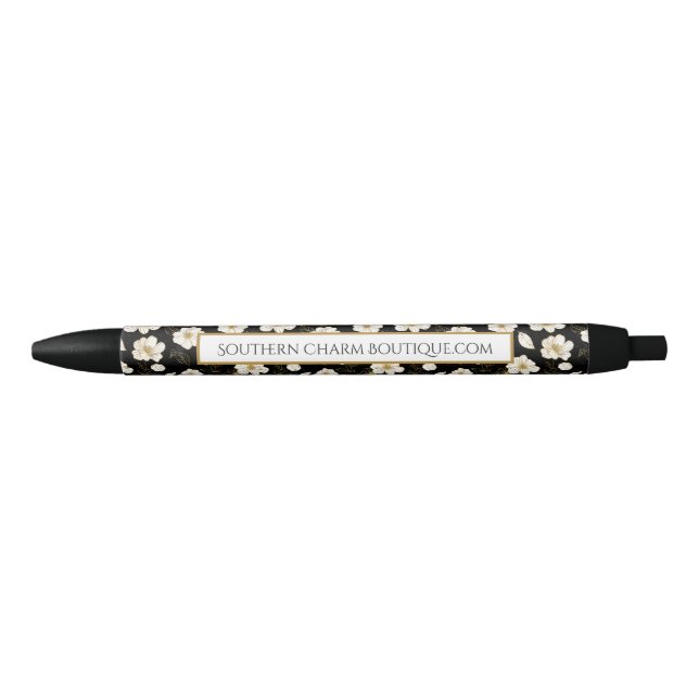 Stylo Noir Fleurs chic en or blanc (Devant)