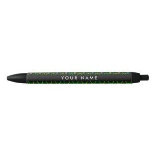 Stylo Noir Fleurs Colorées, Fond Vert, Noir