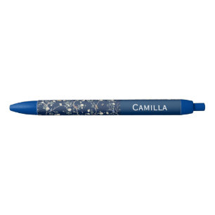 Stylo Noir Fleurs de Camélia Bleu Marine Nom Personnalisé