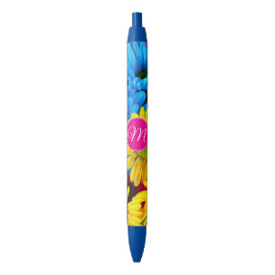 Stylo Noir Fleurs de monogrammes aux couleurs fluorescentes