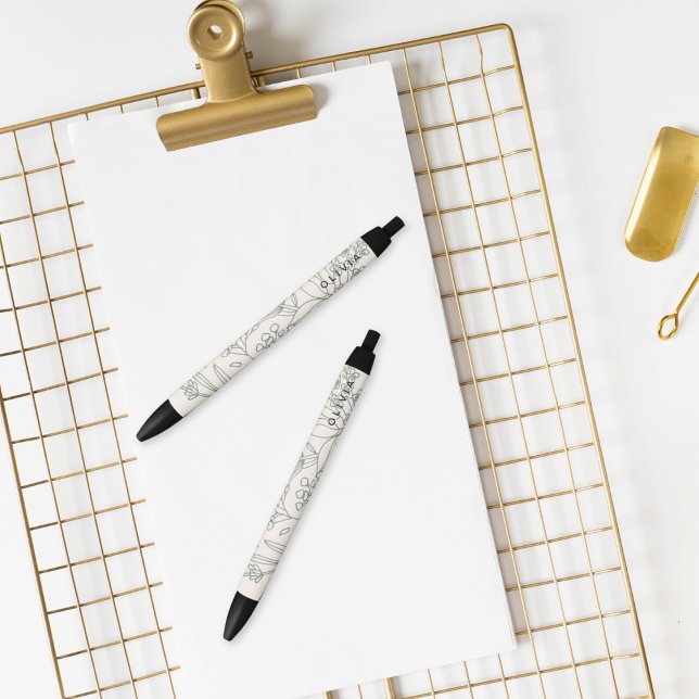 Stylo Noir Fleurs d'herbes vert sauge modernes motif boho (Créateur téléchargé)