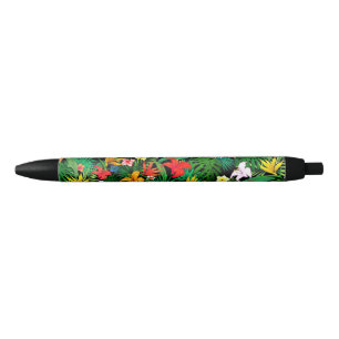Stylo Noir Fleurs multicolores et feuilles de palmier sur fon